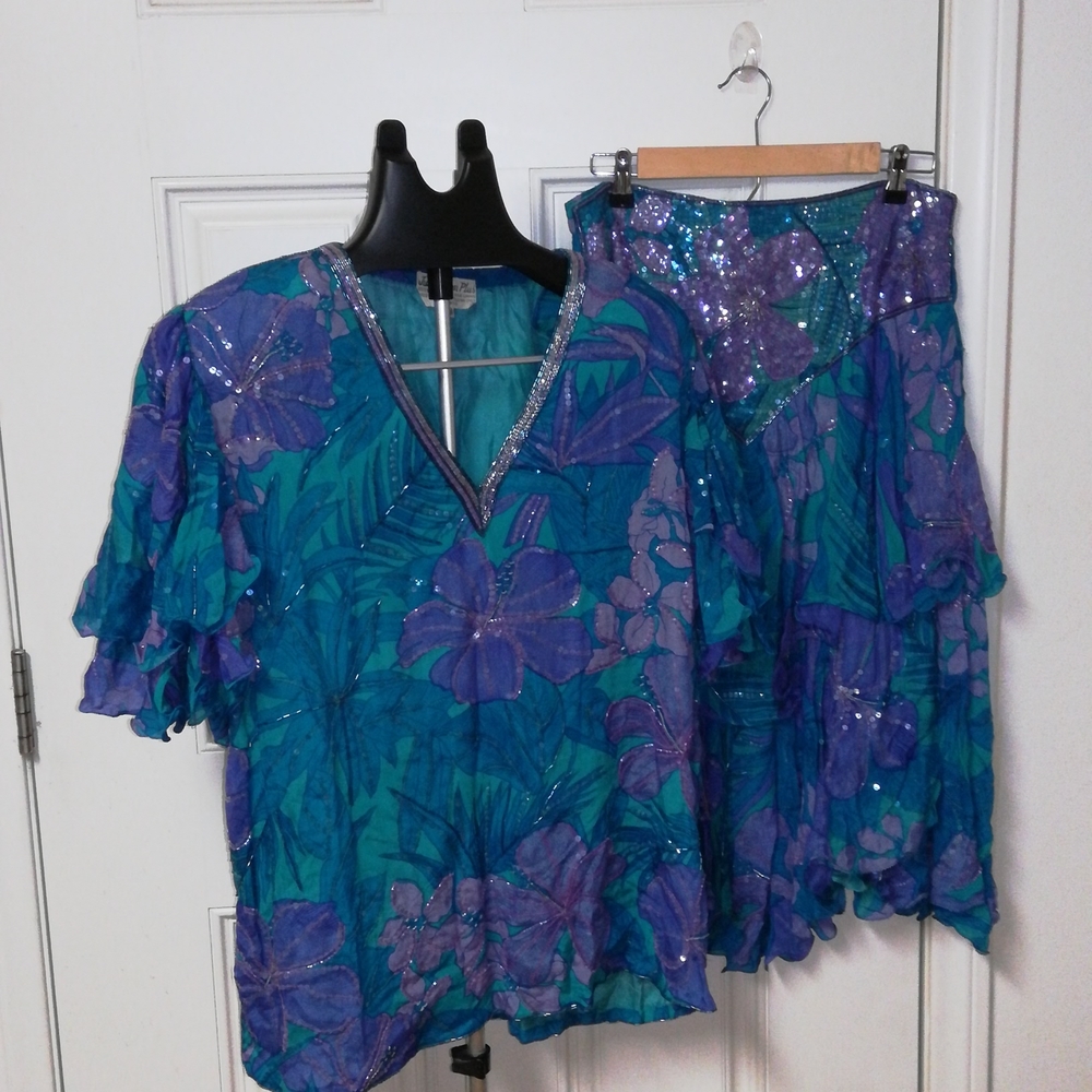 Women's Teal & Purple Floral beaded Two-Piece Set